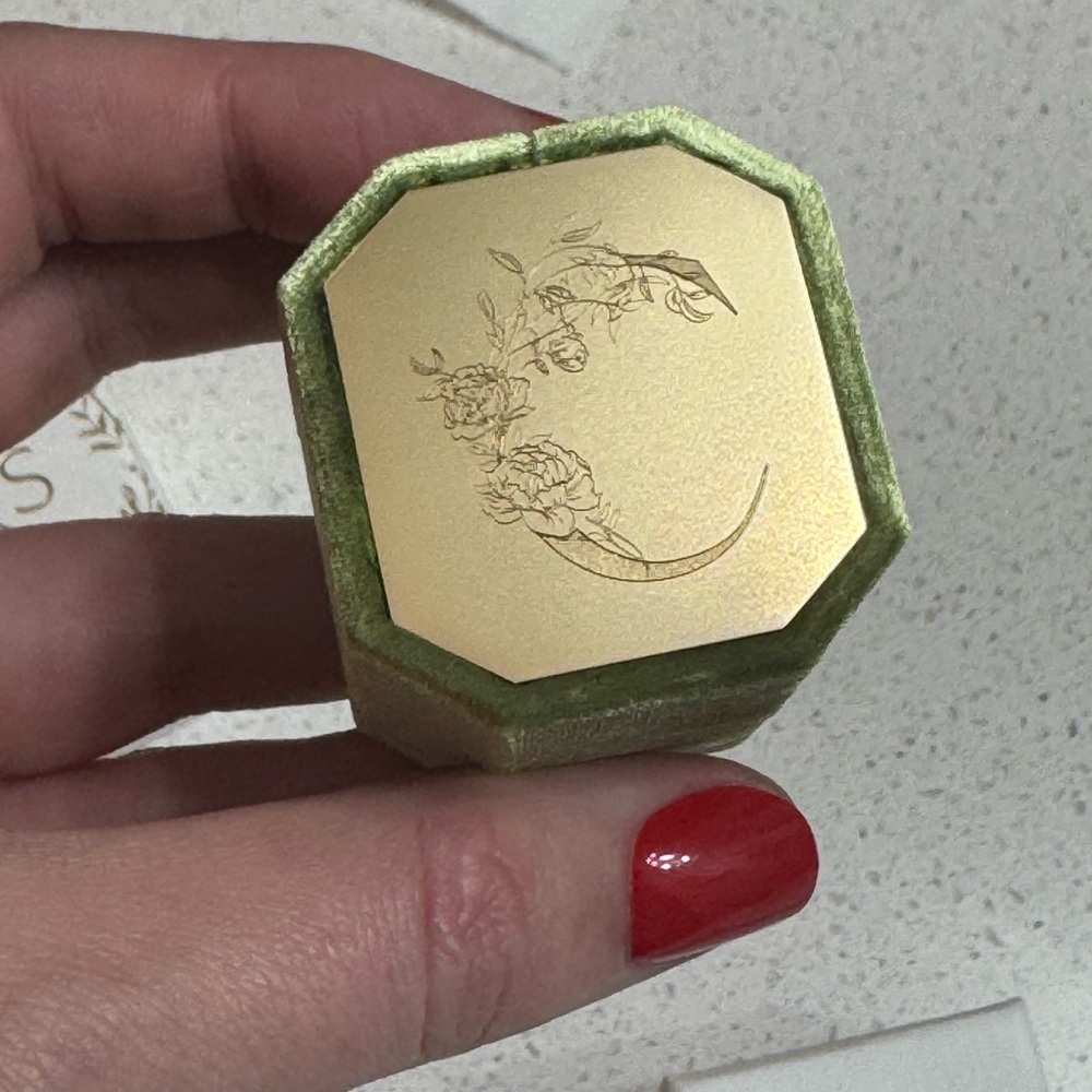 The Mrs. Box Green Velvet Jewelry Box with Gold Floral Design “C”